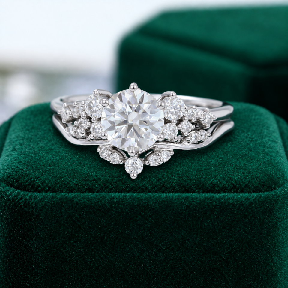 Snowdrift | Round Cut Moissanite Cluster Engagement Ring Set – Bold Symmetrical Accents