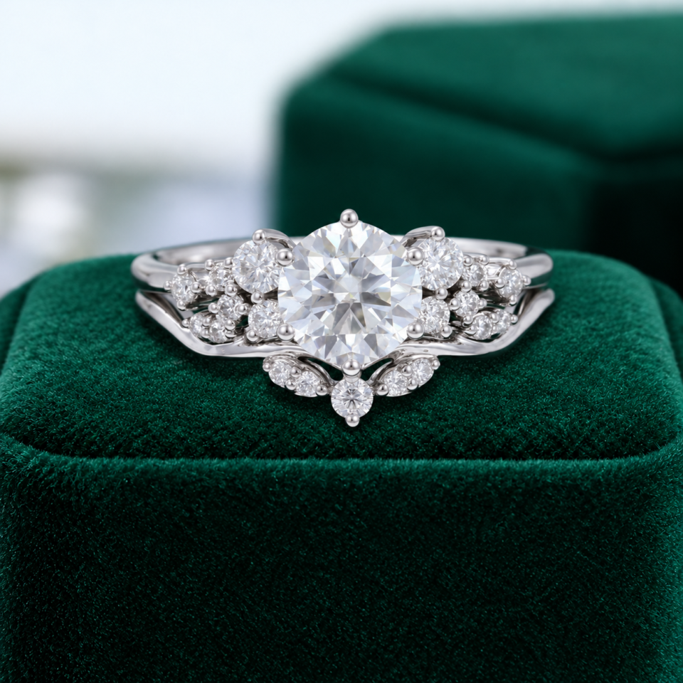 Snowdrift Round Cut Moissanite Cluster Engagement Ring Set Bold Symmetrical Accents (5)