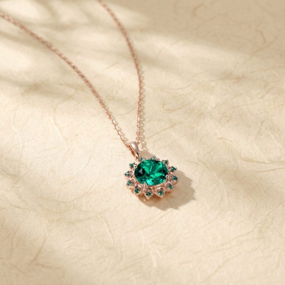 Solar Halo Pendant Necklace with Round Cut Emerald for Women3