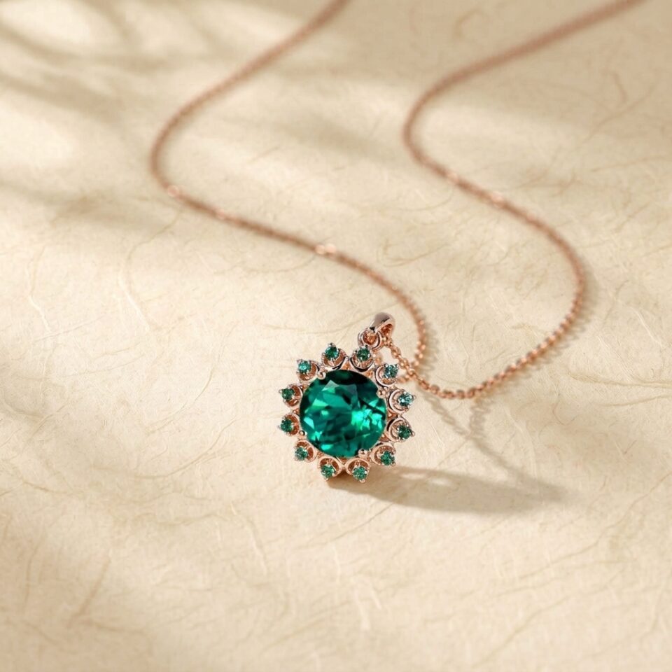 Solar Halo Pendant Necklace with Round Cut Emerald for Women4