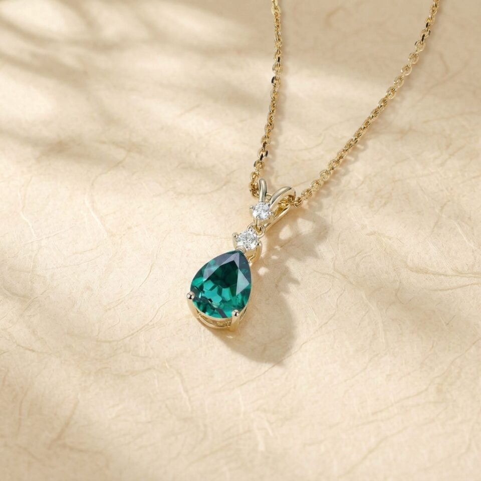 Three Stone Pear Cut Emerald Pendant Necklace with Diamond Accents1