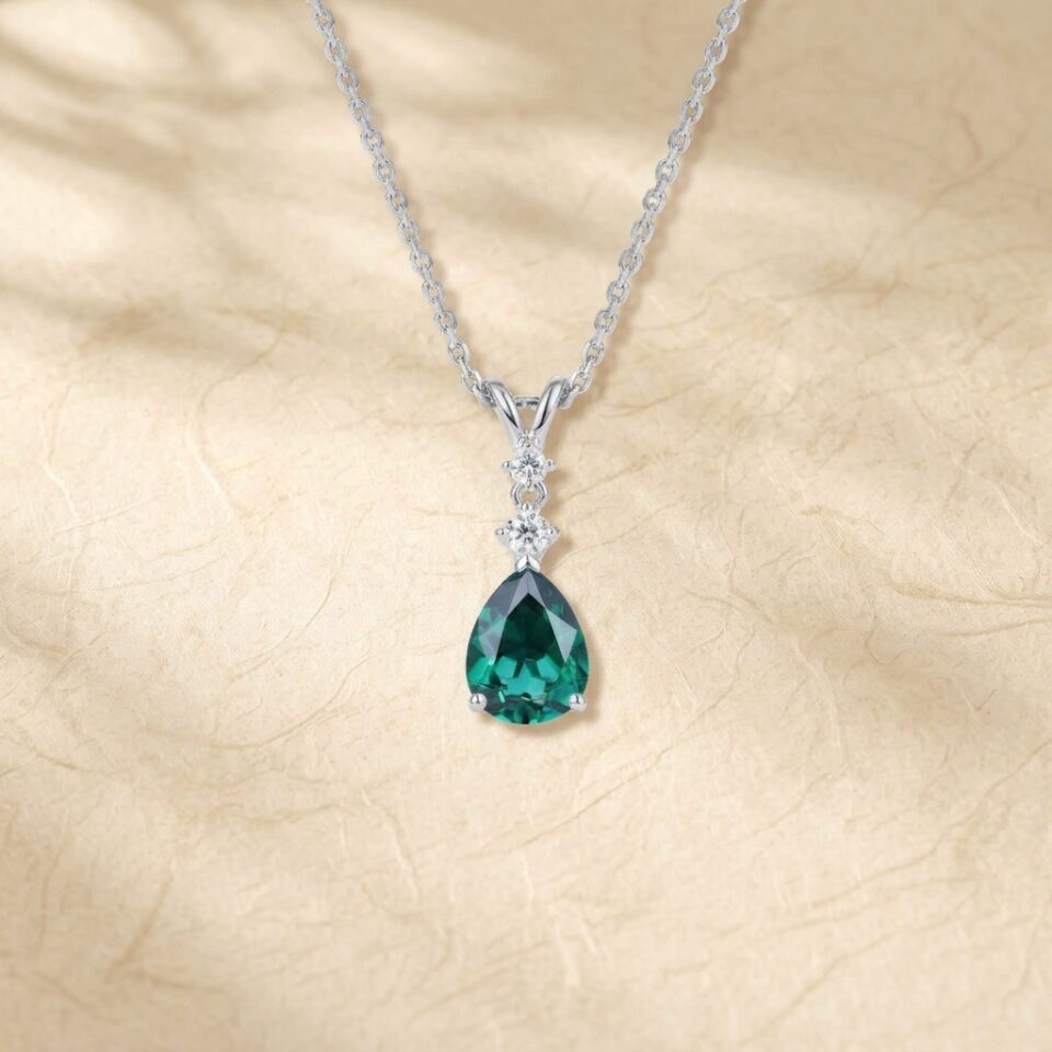 Three Stone Pear Cut Emerald Pendant Necklace with Diamond Accents2