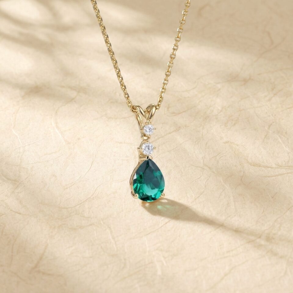 Three Stone Pear Cut Emerald Pendant Necklace with Diamond Accents3