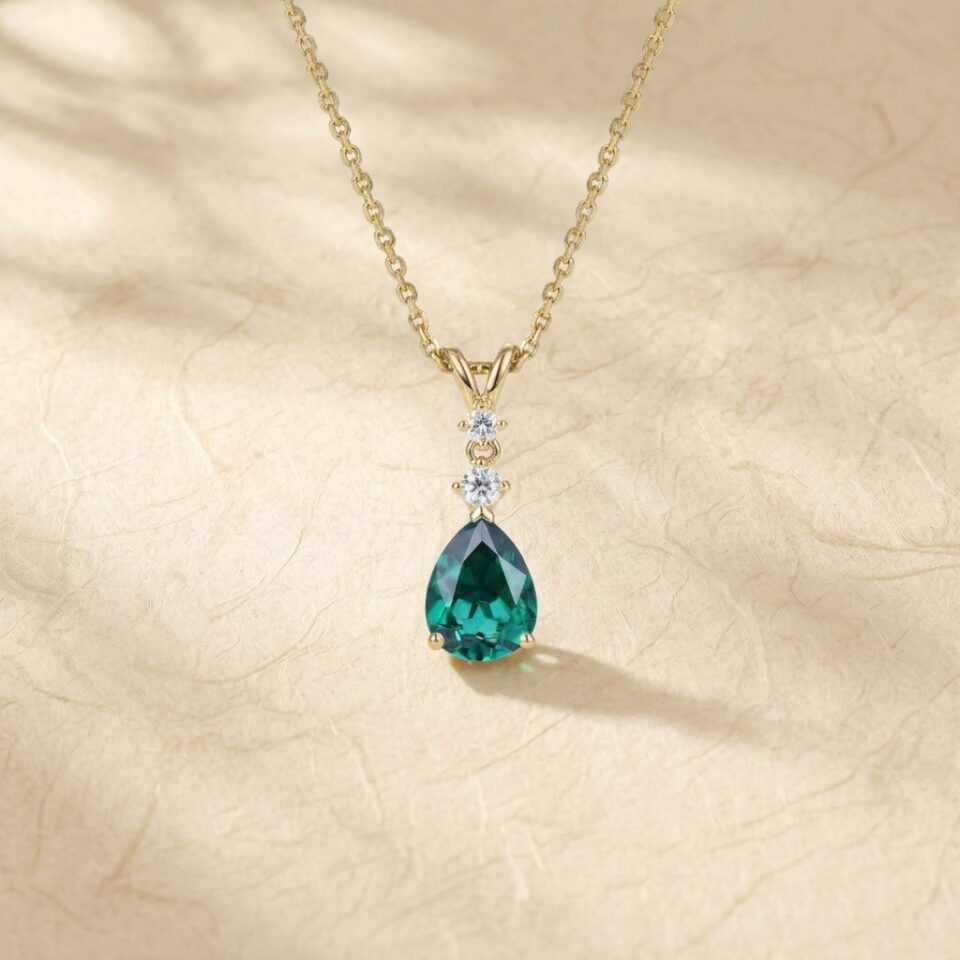 Three Stone Pear Cut Emerald Pendant Necklace with Diamond Accents4