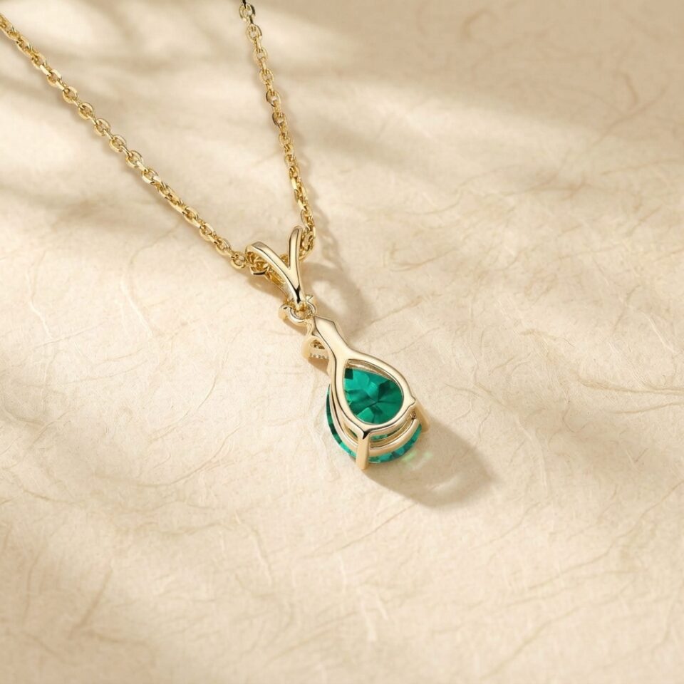 Three Stone Pear Cut Emerald Pendant Necklace with Diamond Accents6
