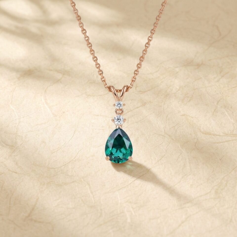 Three Stone Pear Cut Emerald Pendant Necklace with Diamond Accents7