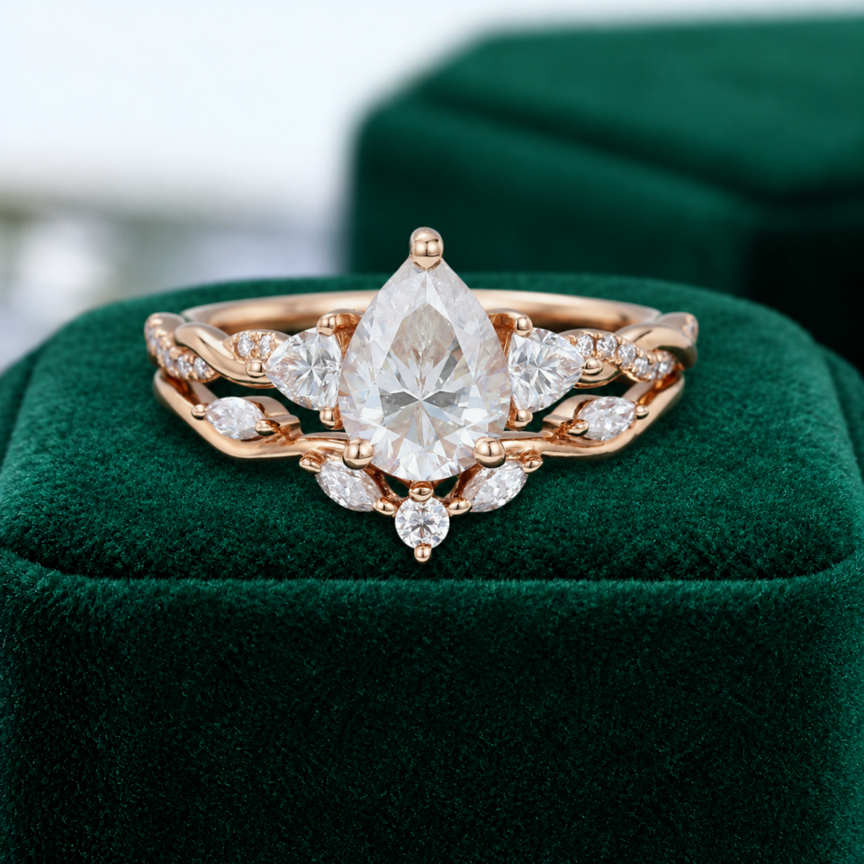 Twisted White Gold Engagement Ring Set with Pear-Shaped Moissanite