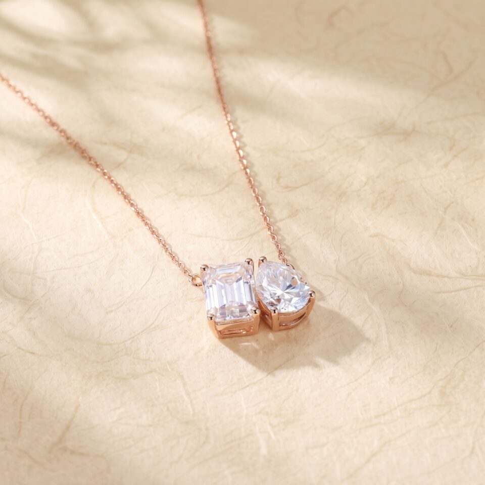 Two Stone Moissanite Toi Et Moi Necklace with Pear & Emerald Cuts1