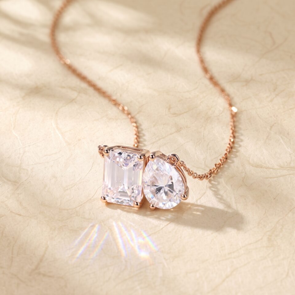 Two Stone Moissanite Toi Et Moi Necklace with Pear & Emerald Cuts6