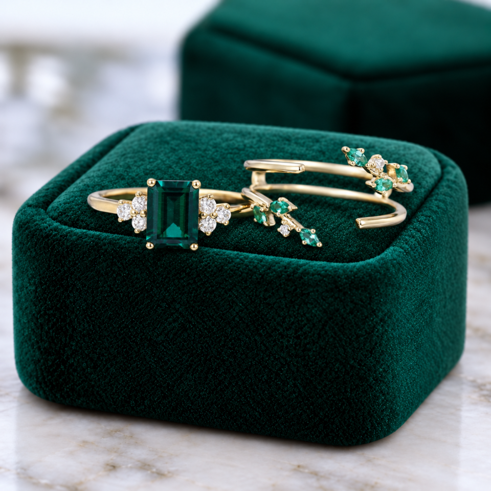 Unique 2-Piece Emerald Wedding Ring Set – Nature-Inspired Bridal Set (4)