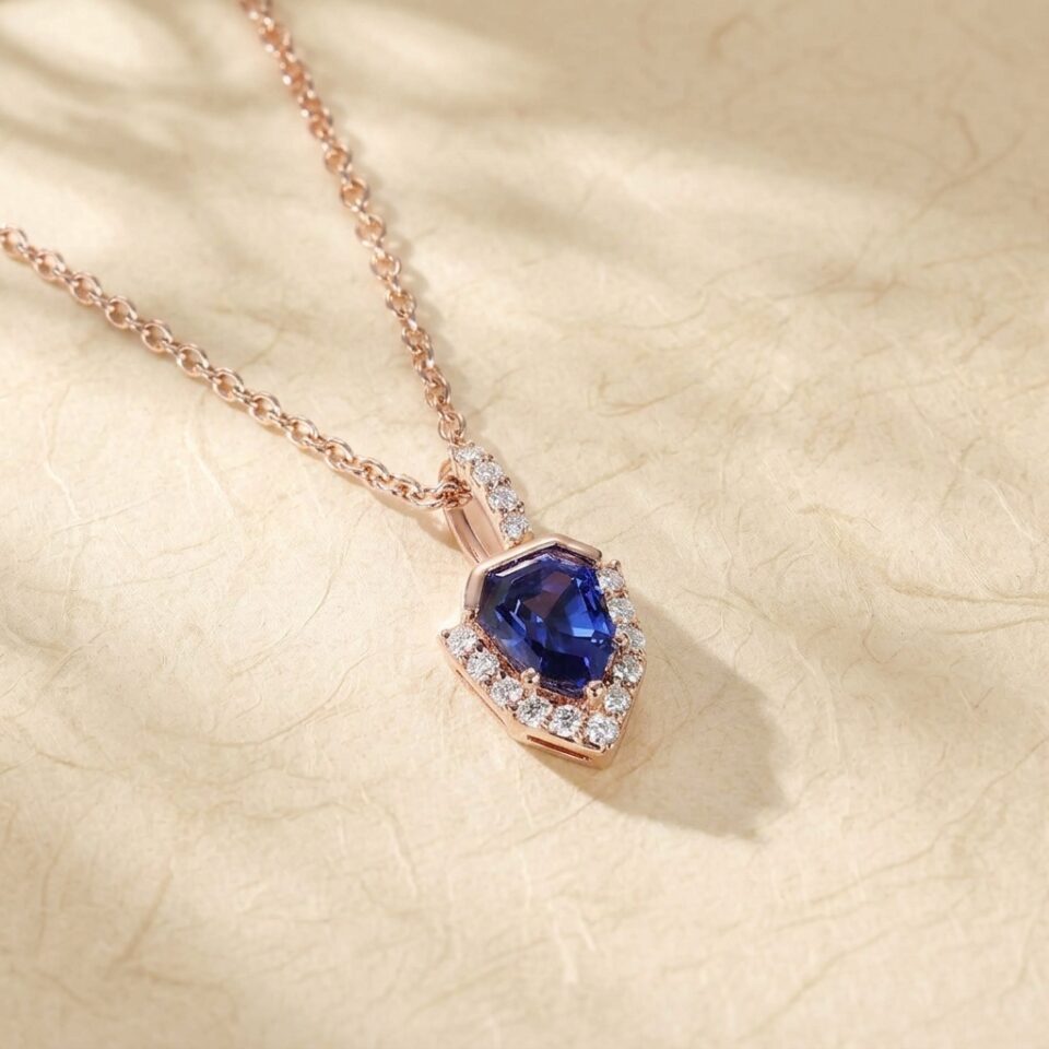 Unique Bezel Pendant Necklace with Shield Cut Lab Sapphire for an Anniversary3