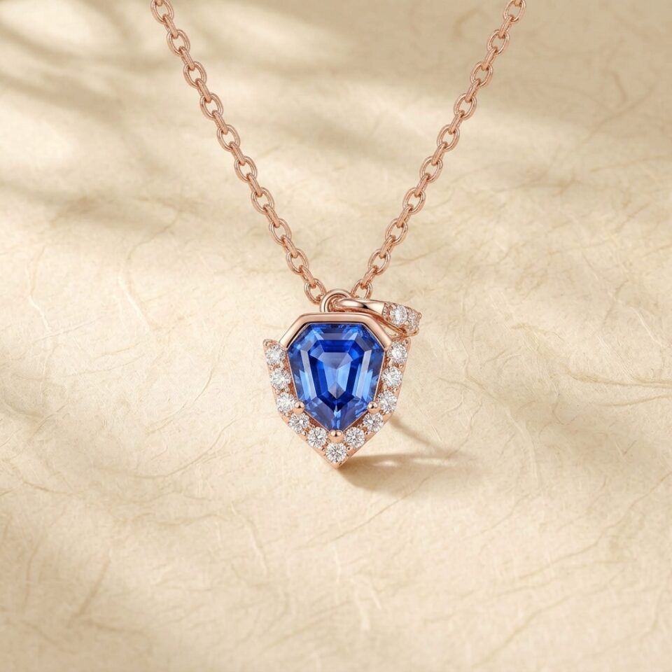 Unique Bezel Pendant Necklace with Shield Cut Lab Sapphire for an Anniversary6