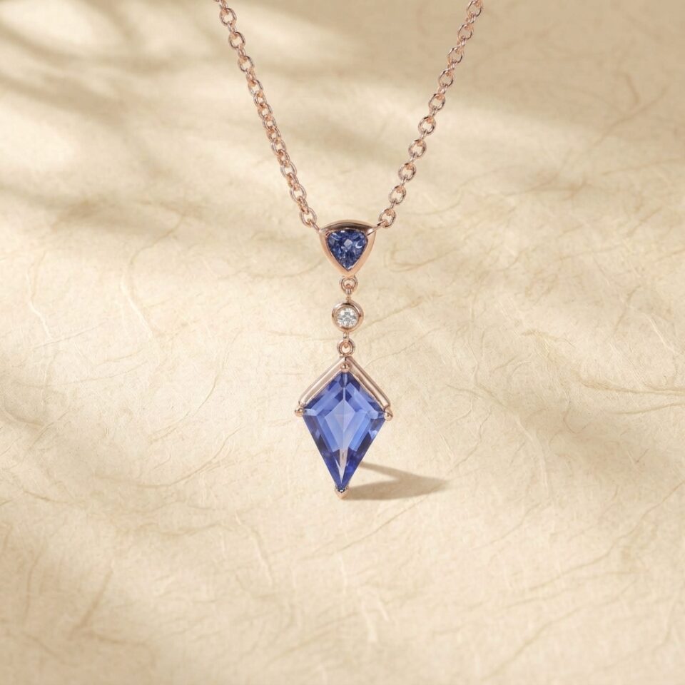Unique Cornflower Sapphire Pendant Necklace with Kite Cut Stone and Cable Chain2