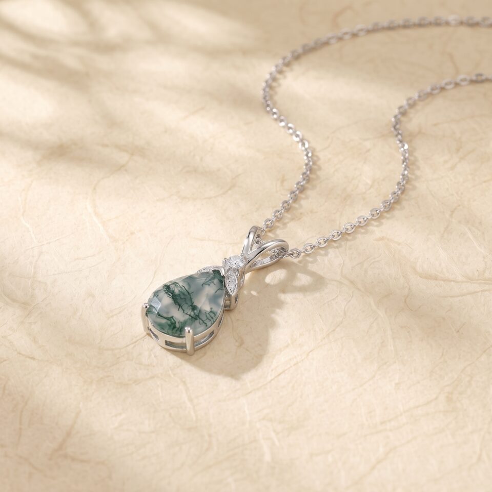 Vintage Garden Inspired Pear Cut Moss Agate Leaf Necklace with Diamond Details1