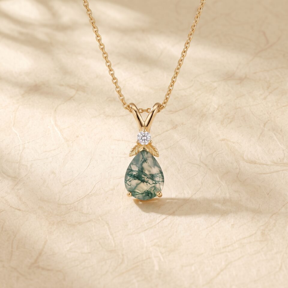 Vintage Garden Inspired Pear Cut Moss Agate Leaf Necklace with Diamond Details6