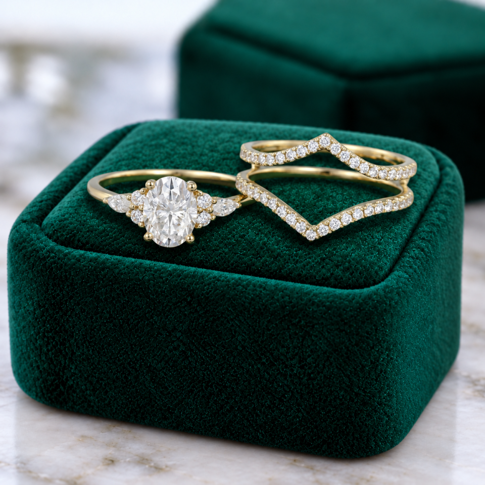 Vintage Oval-Cut Moissanite Double Band Bridal Ring Set (1)