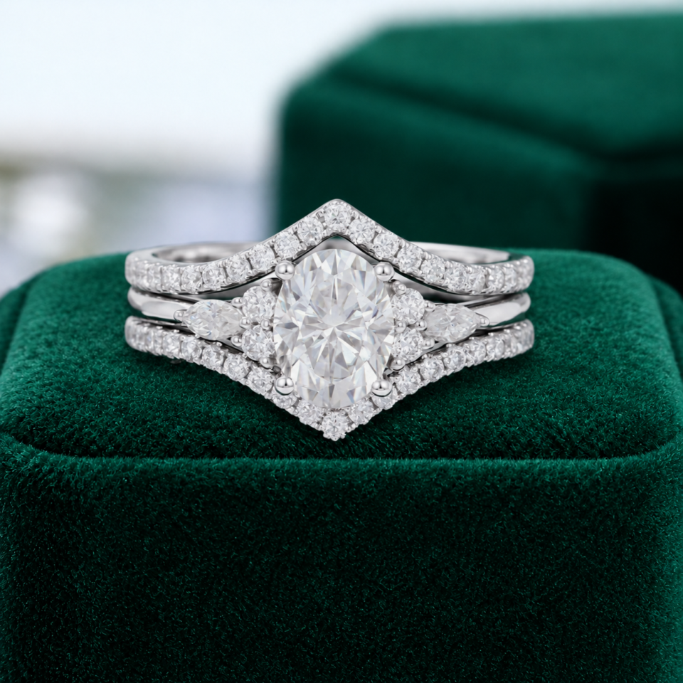 Vintage Oval-Cut Moissanite Double Band Bridal Ring Set (2)