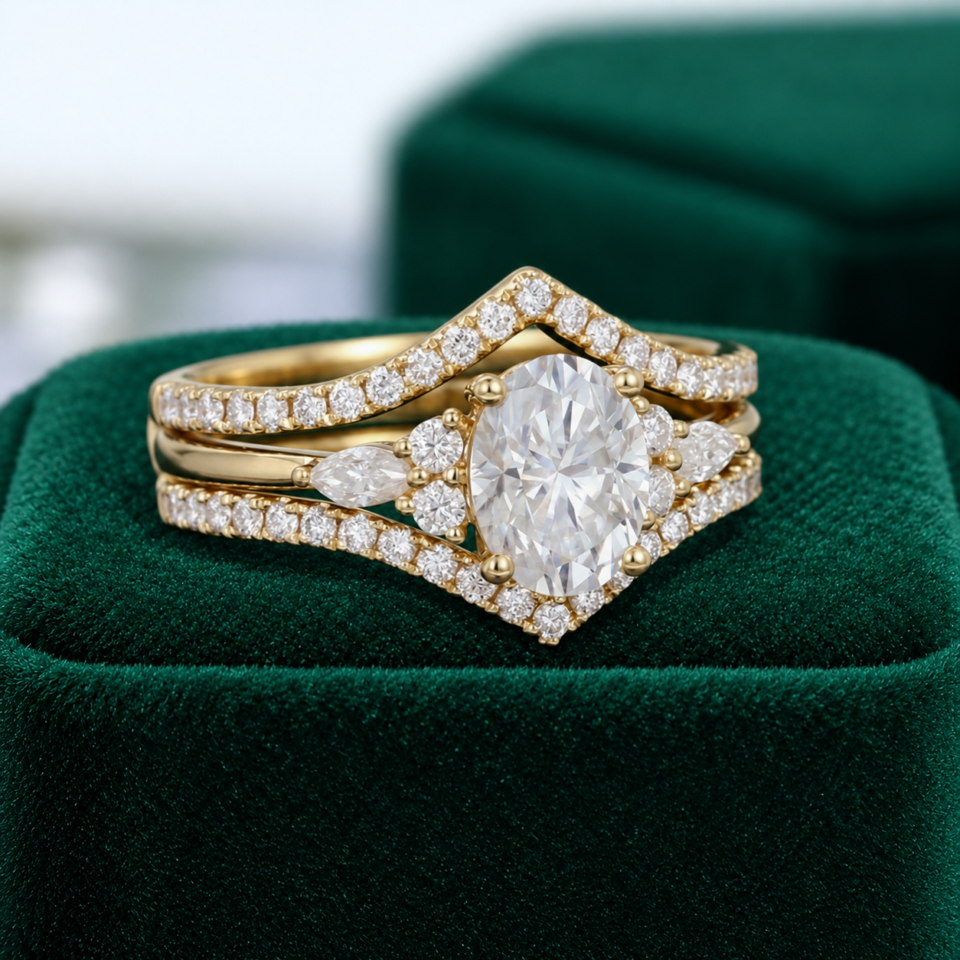 Vintage Oval-Cut Moissanite Double Band Bridal Ring Set (4)