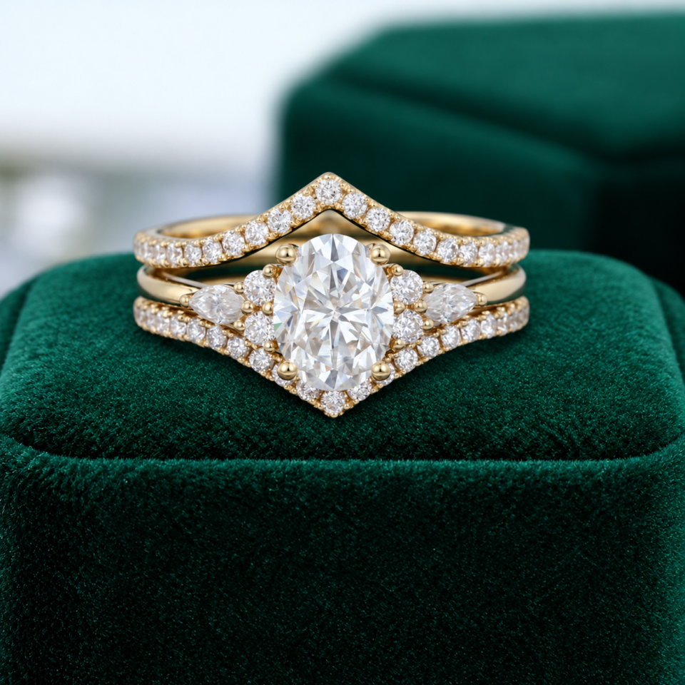 Vintage Oval-Cut Moissanite Double Band Bridal Ring Set