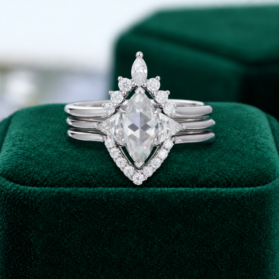 White Gold 3-Piece Engagement Ring Set with Rose-Cut Marquise Moissanite
