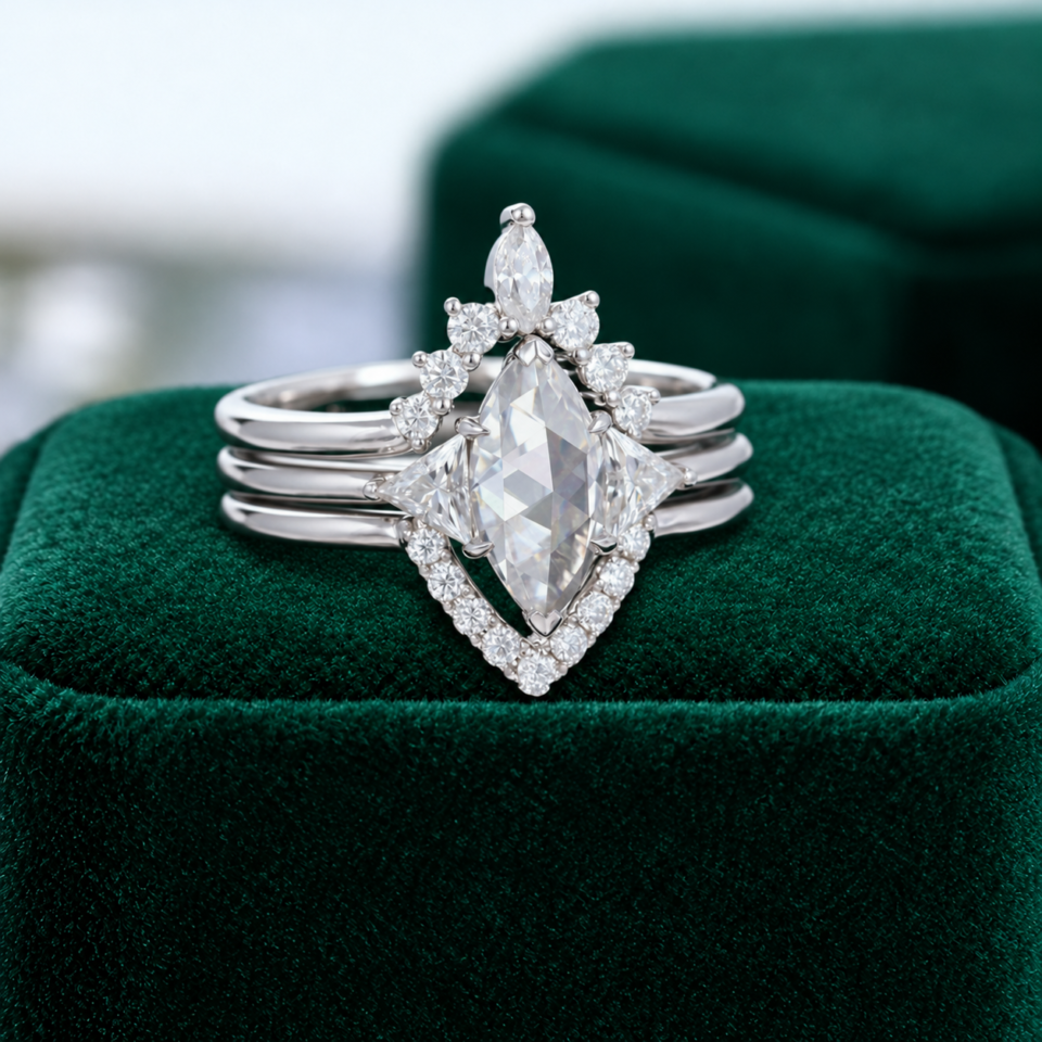 White Gold 3-Piece Engagement Ring Set with Rose-Cut Marquise Moissanite (2)